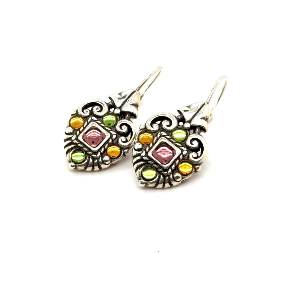 Brighton Retired Dazzle Drop Earrings Pink Green Amber Silver Heart Leverback